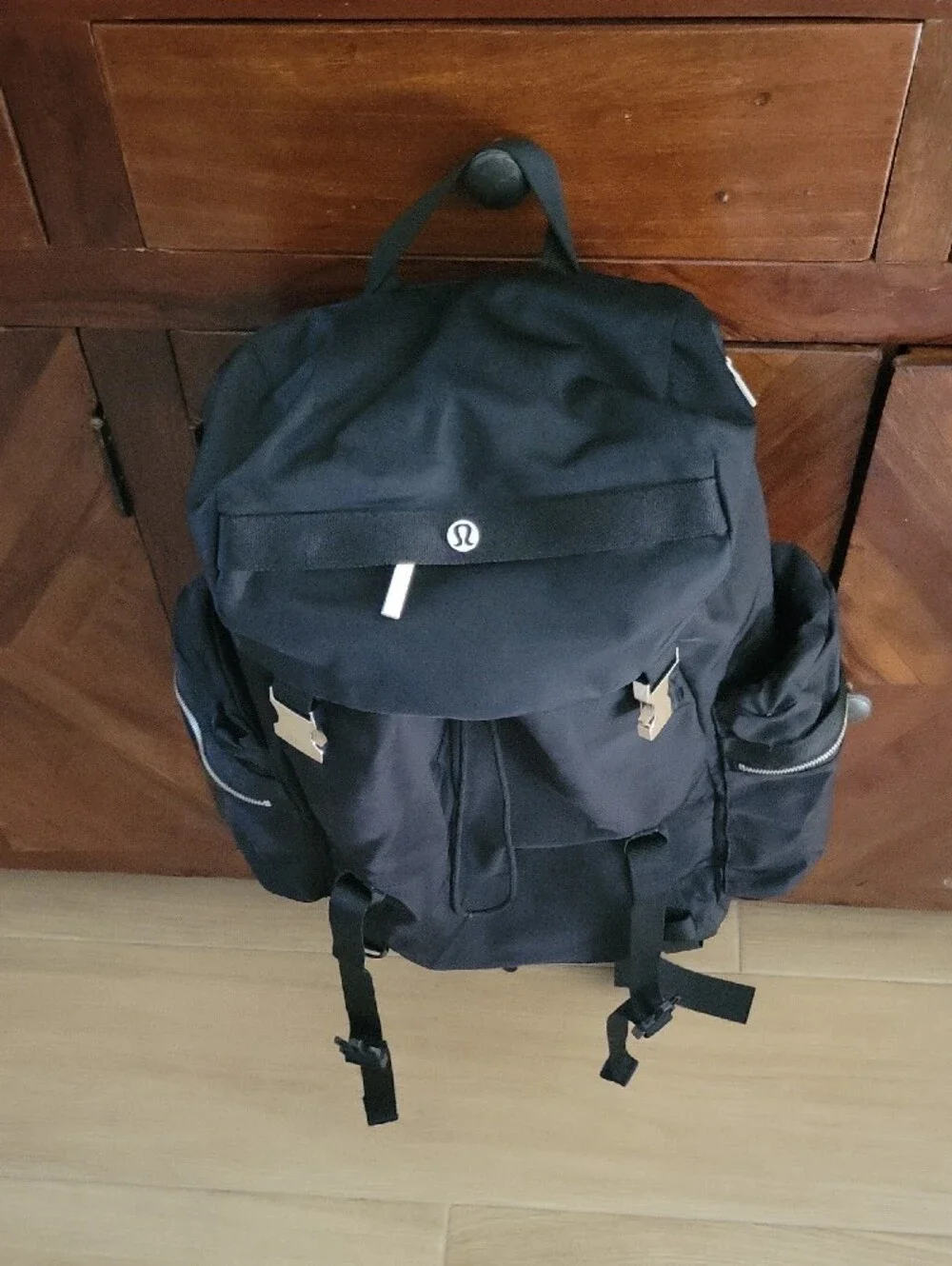Wunderlust Lululemon Athletica Black Roll-Top Backpack  With Silver Buckles